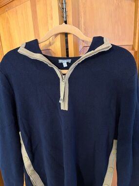 T by Talbots  Half Zip Hooded Tunic Sweater Navy & Khaki Medium NWT